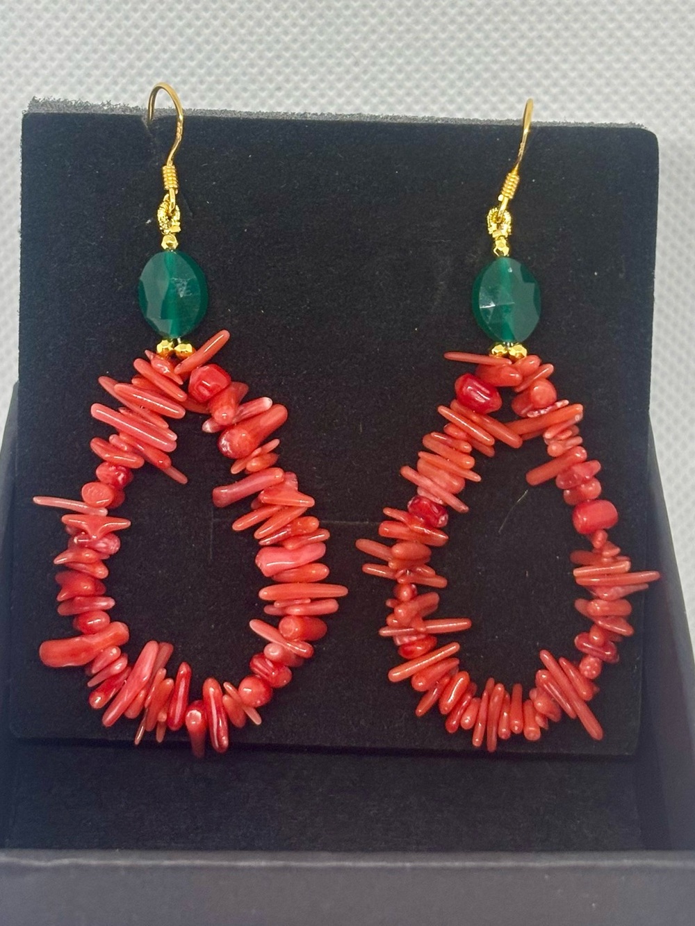 925 Sterling Silver Red Coral & Aventurine Teardrop Earrings